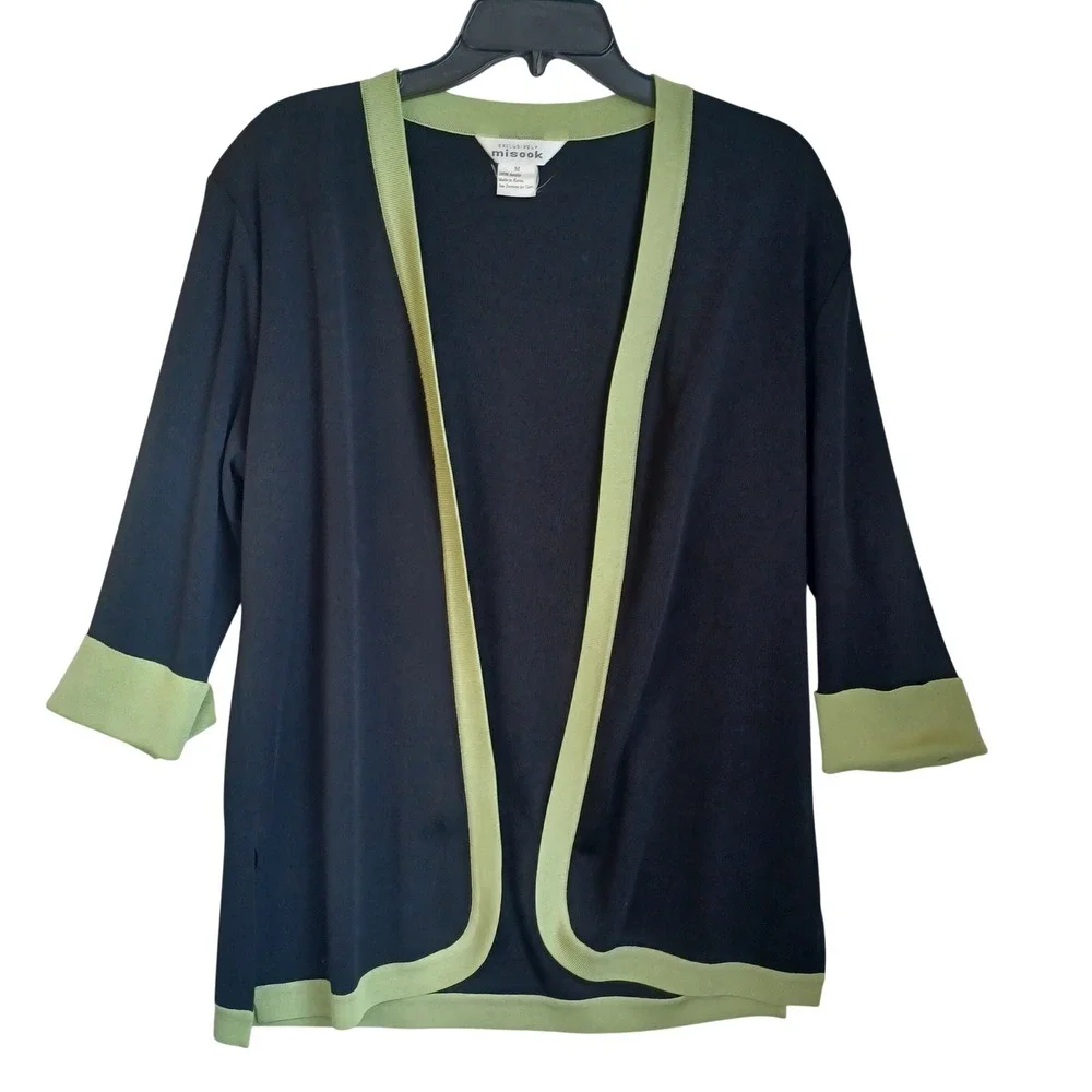 Misook Womens Black Sage Green Colorblock Open Front 3/4 Sleeve Cardigan Size M